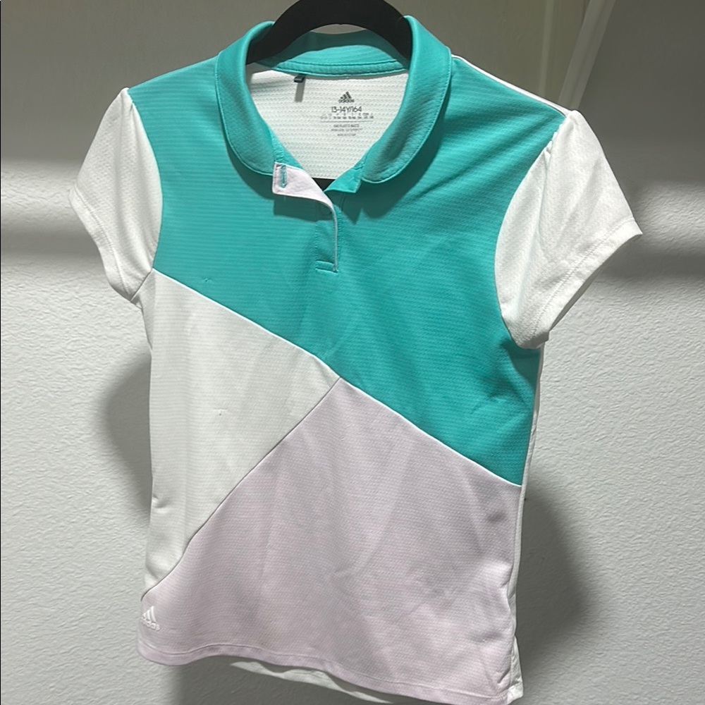 Adidas Youth Golf Teal/White/Pink Shirt